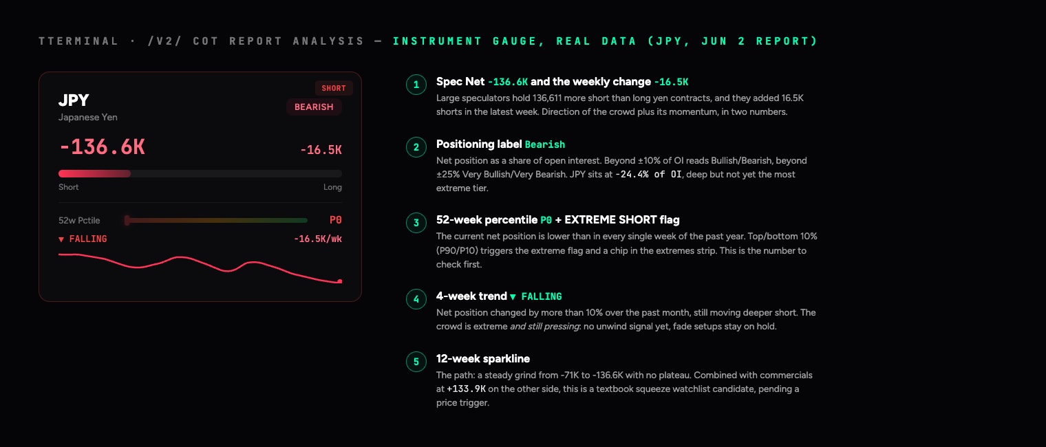 TTerminal COT instrument gauge anatomy explained on real JPY data